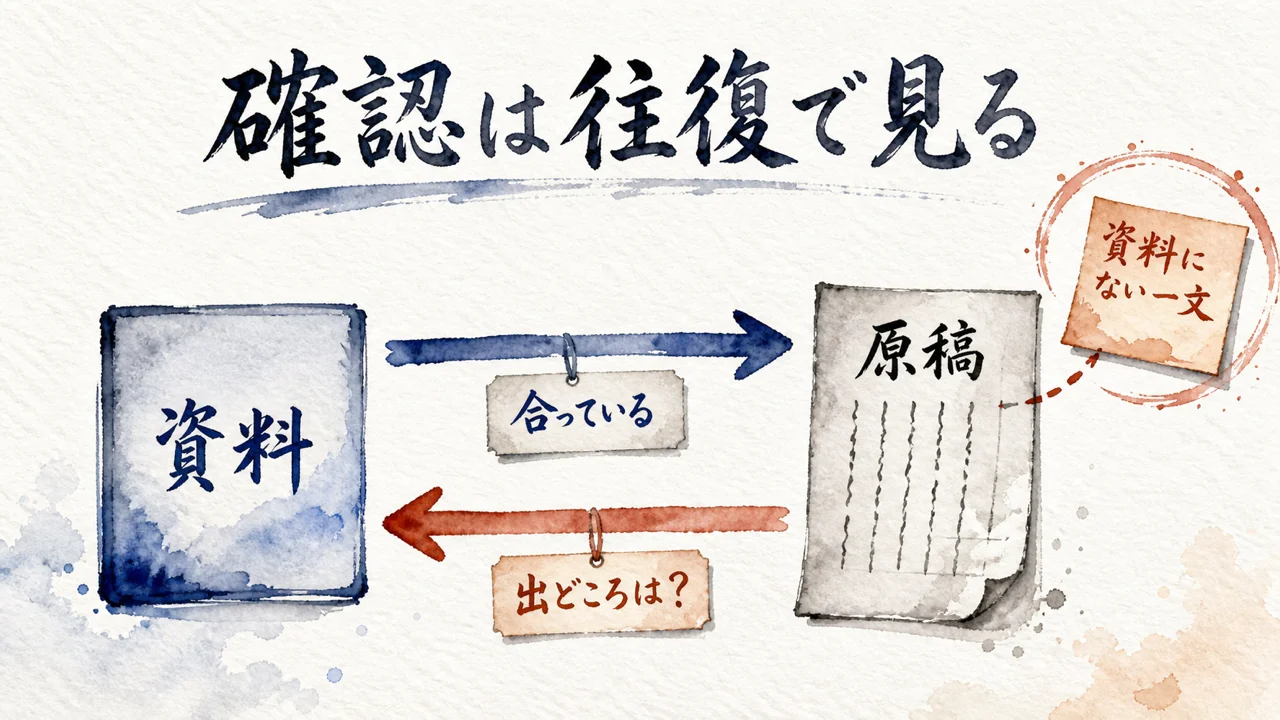資料から原稿への確認と、原稿から資料への逆向き確認を比べた図解
