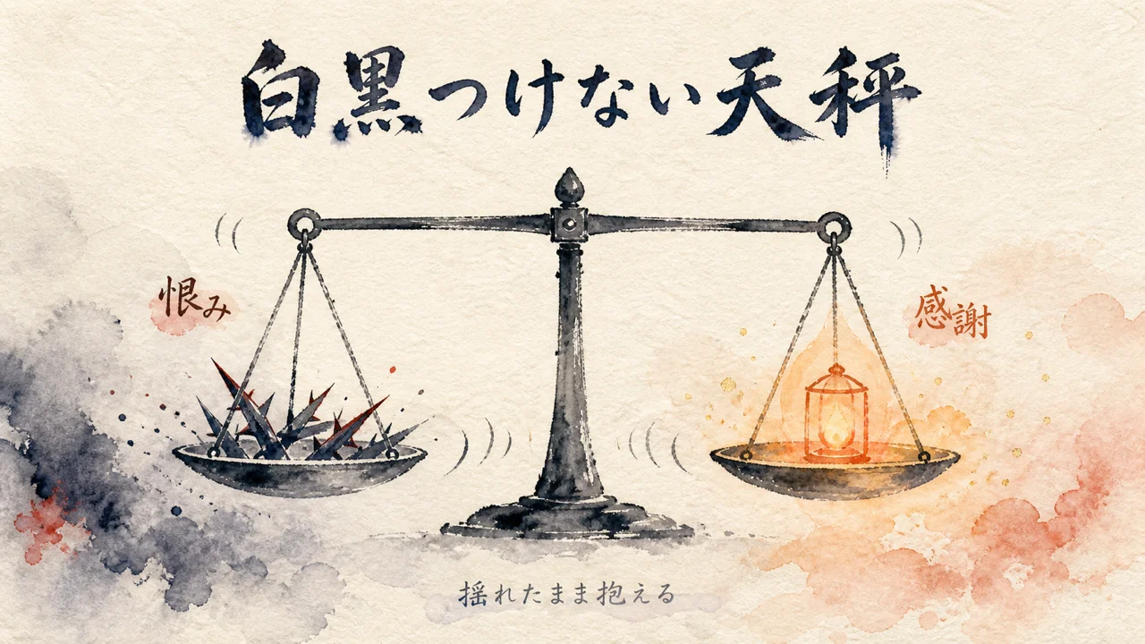恨みと感謝を両方乗せたまま揺れる天秤の図解