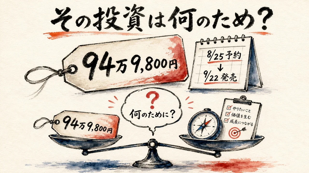 高額な投資の前に目的を自問する様子の図解