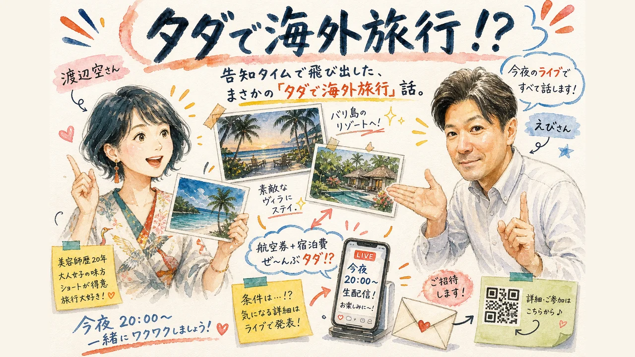 告知タイムでバリ島の招待旅行について話す渡辺空さんとえびさんのグラフィックレコーディング