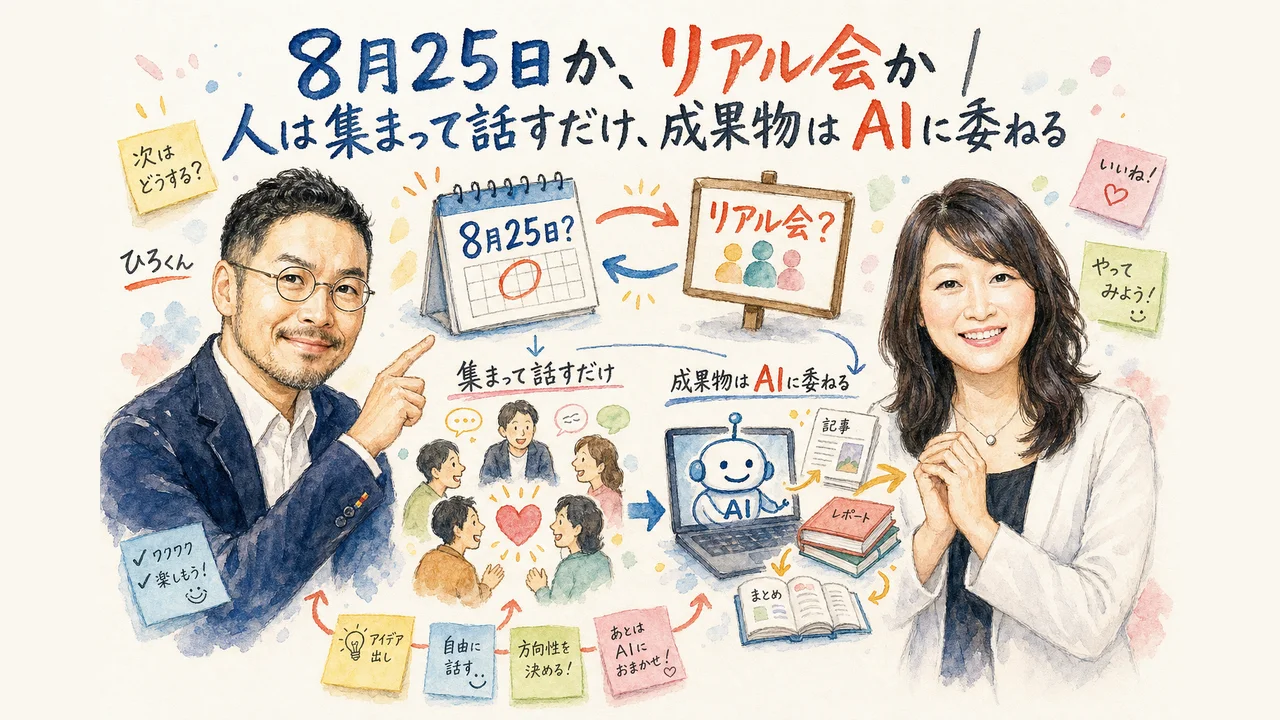 8月25日に企画スタートか、先にリアル会か——人は集まって話すだけ、成果物はAIに委ねる構想のグラレコ図解