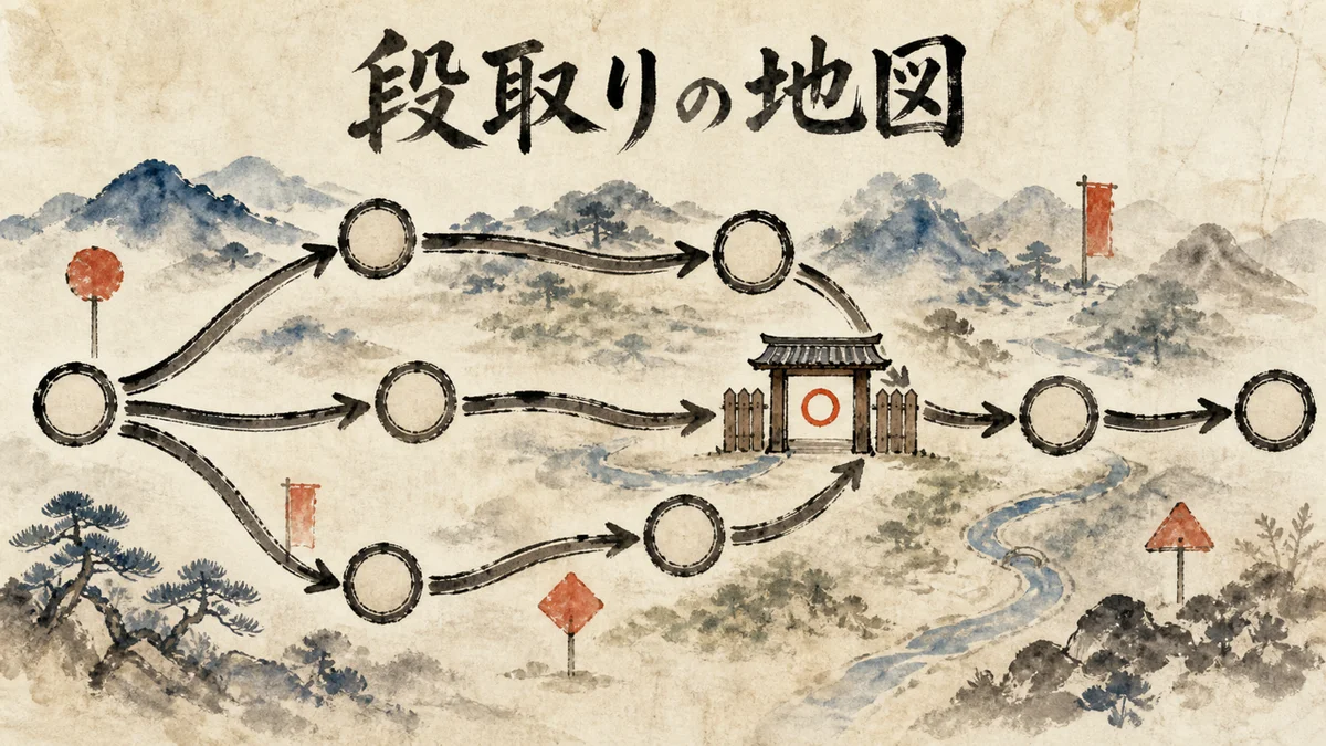 工程のマス（ノード）を矢印でつなぎ、枝分かれして合流する段取りの地図。合流手前に人が○を押す関所がある図解