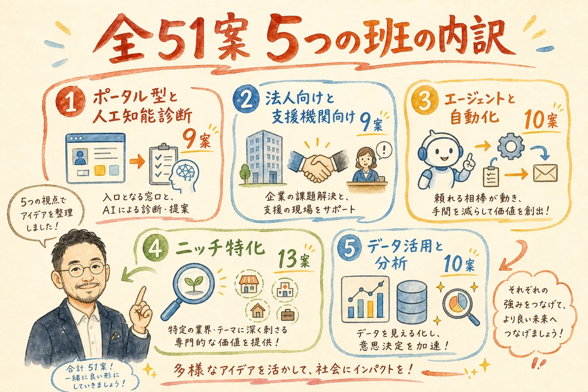 全51案の内訳（ポータル型9・BtoB9・自動化10・ニッチ13・データ活用10）の図解