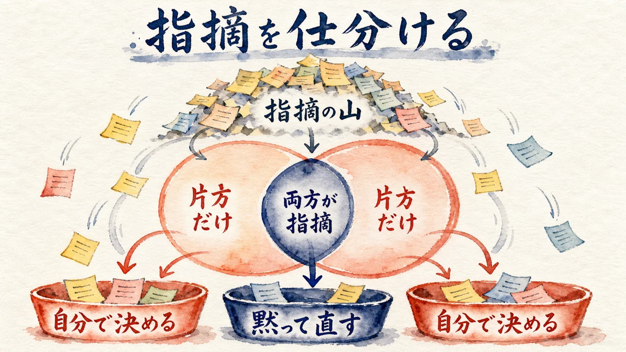 両方が指摘した点と片方だけが指摘した点を仕分けるベン図