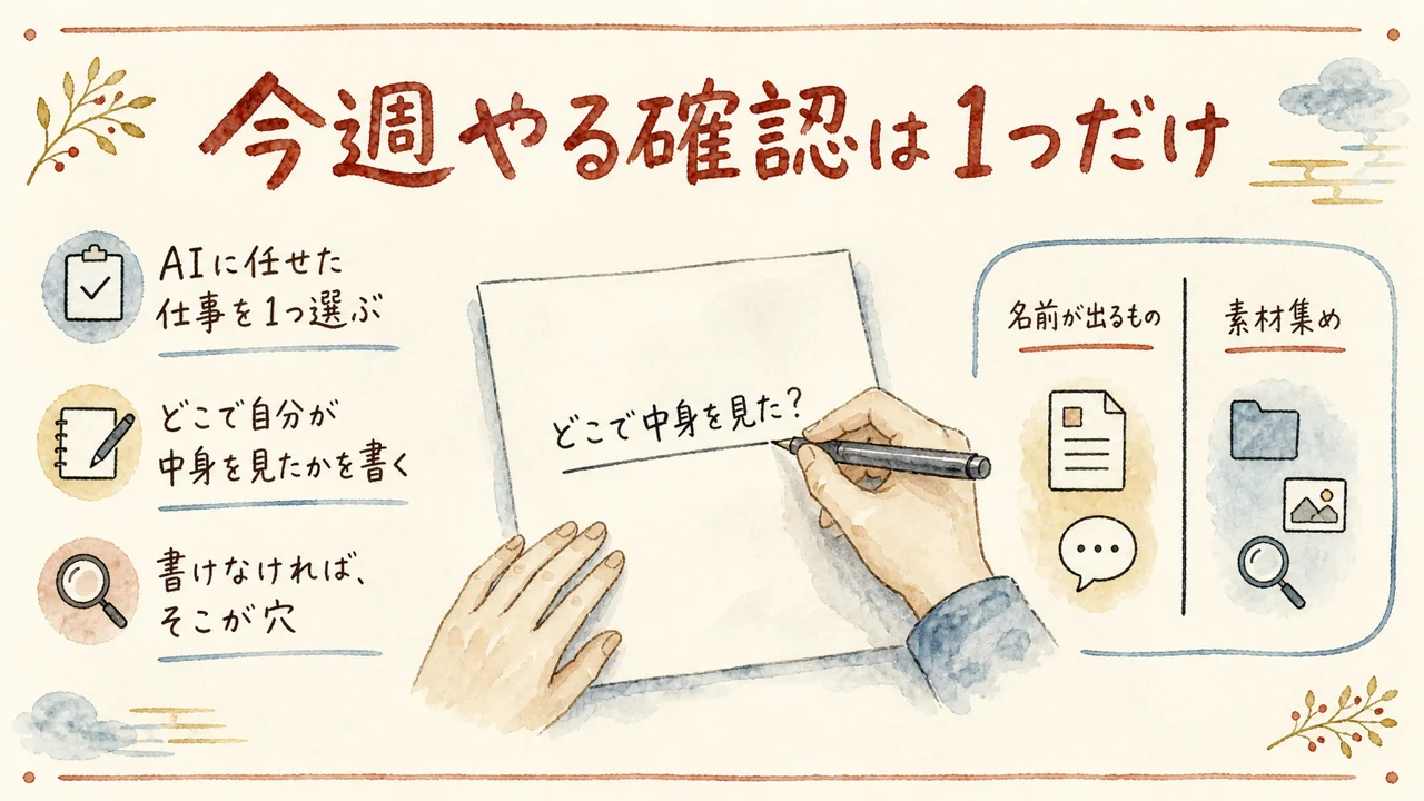今週やる確認は1つだけを示す図解。紙に「どこで中身を見た？」と書く手元と、任せる範囲と握る範囲の線引き