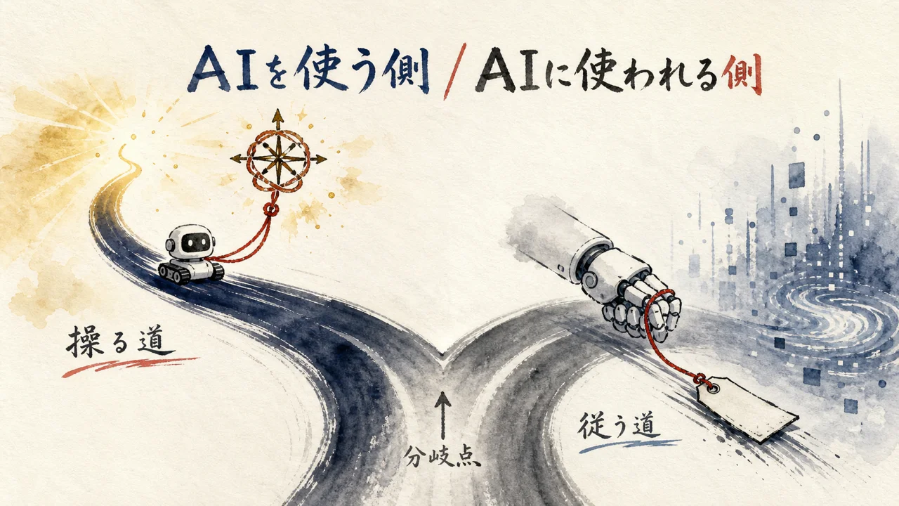 AIを操る道とAIに従う道の分かれ道を示す図解