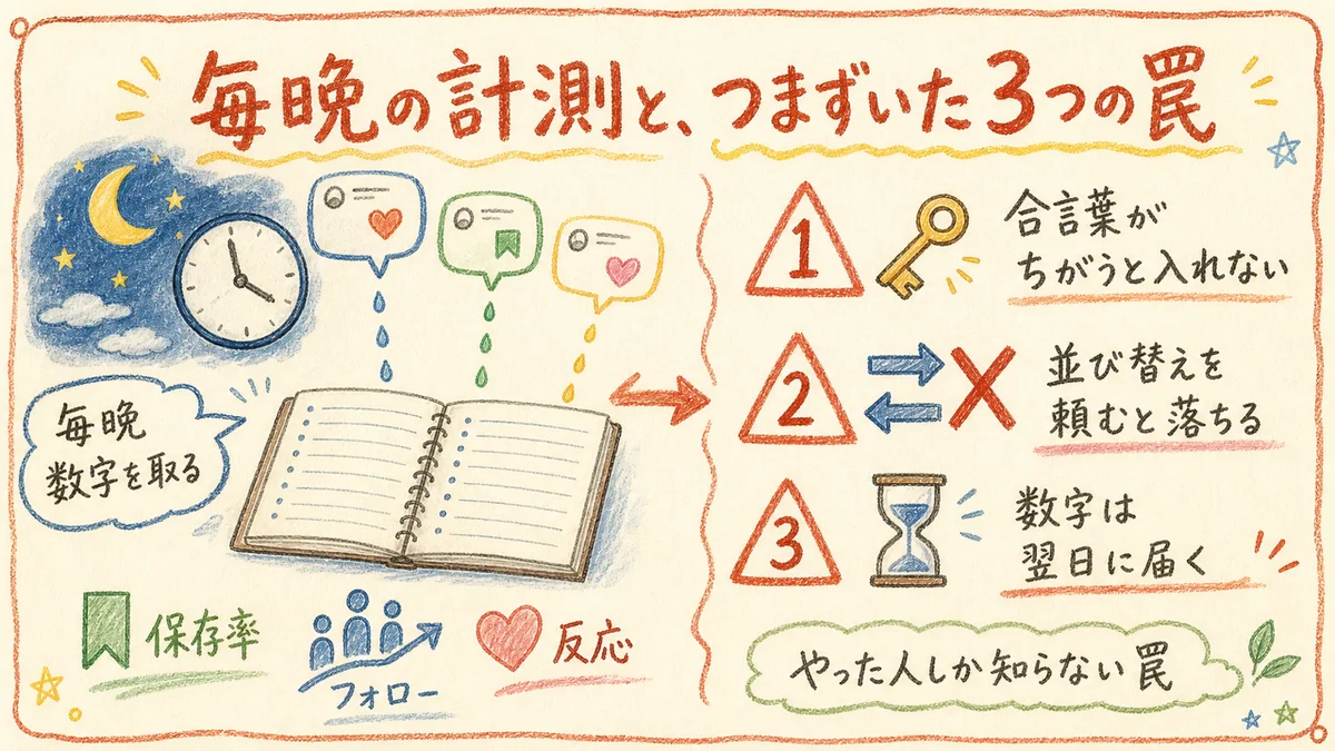 毎晩の計測とアナリティクスAPIでつまずいた3つの罠を示した図解