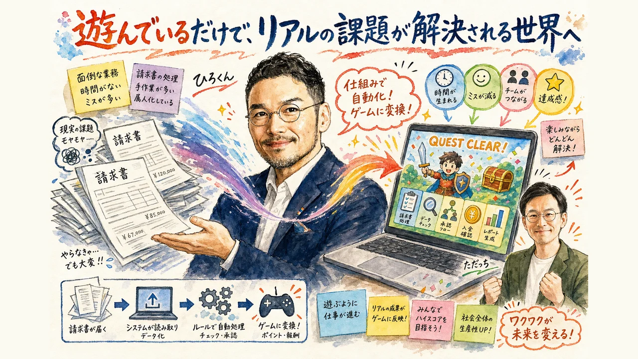 請求書ゲーム化など遊びながらリアルの課題が解決される世界観の図解