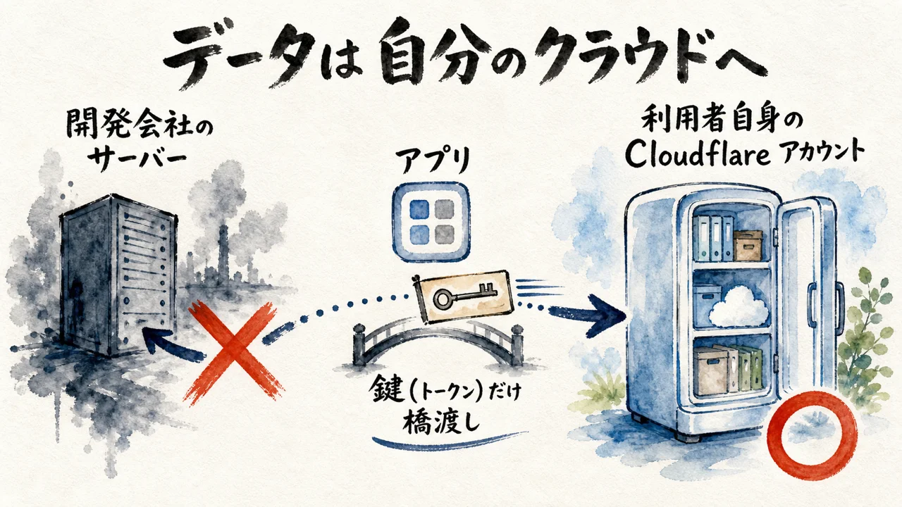 共有データが開発会社のサーバーではなく自分のCloudflareアカウントに置かれる図解