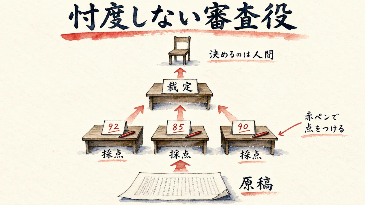 原稿を3人の審査役が採点し、裁定を経て人間が決める階層の図解