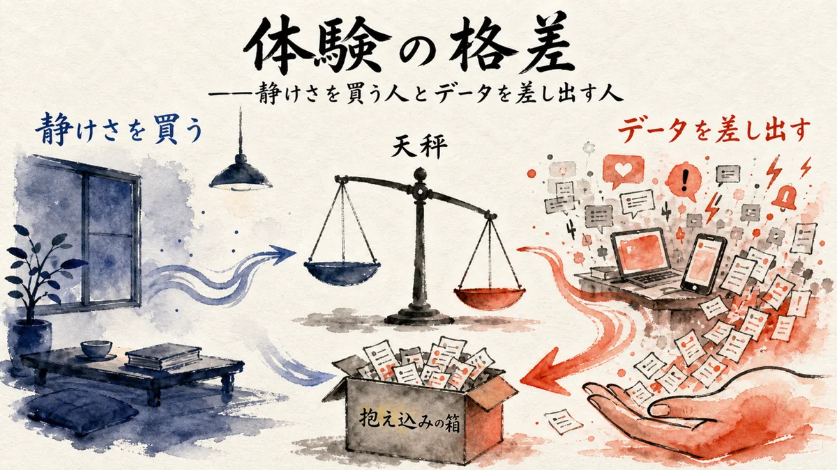 体験の格差——静けさを買う人とデータを差し出す人の対比図解