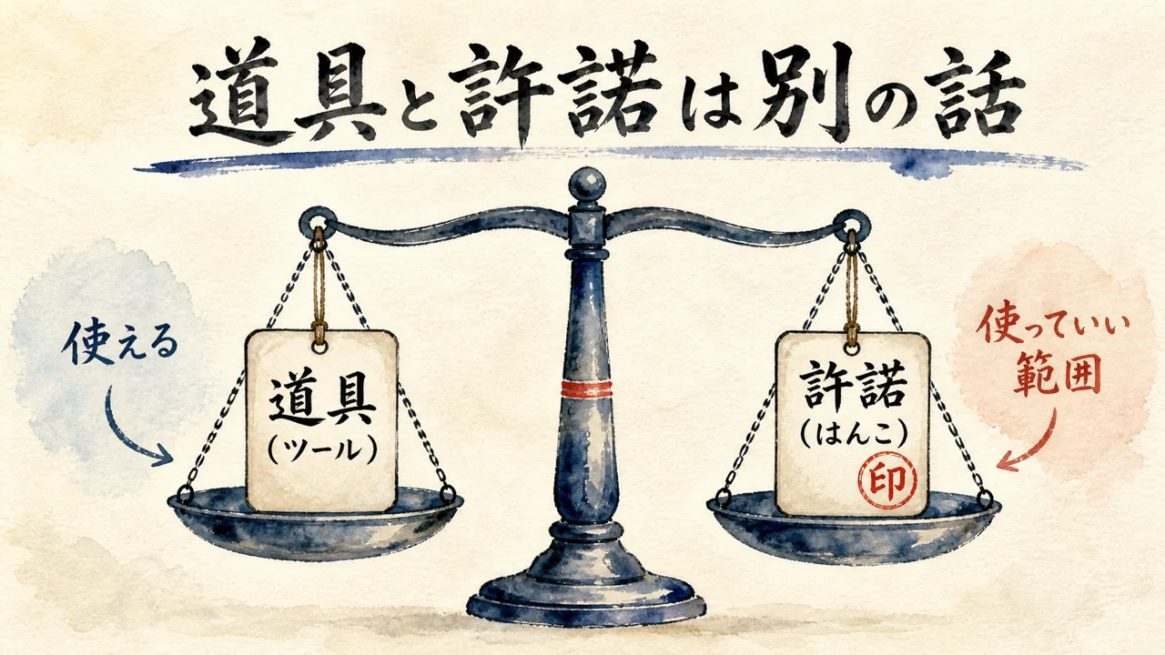 道具と使っていい範囲の許諾は別の話と示す天秤の図解
