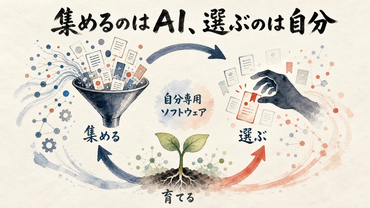 情報収集はAI・選ぶ判断は自分という循環の図解