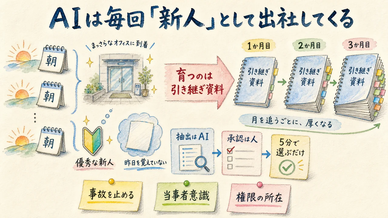 AIは毎回新人として出社し引き継ぎ資料が育つ図解