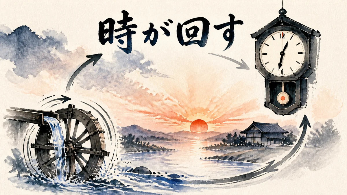 ラインの上に掛け時計があり、決まった時刻に自動で動き出す図解