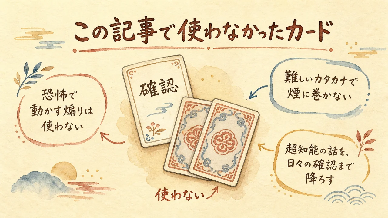 この記事で使わなかったカードを示す図解。伏せられた2枚のカードと、確認と書かれた表向きのカード