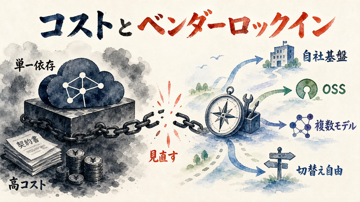 コストとベンダーロックイン——単一依存から自社基盤・OSSへの図解