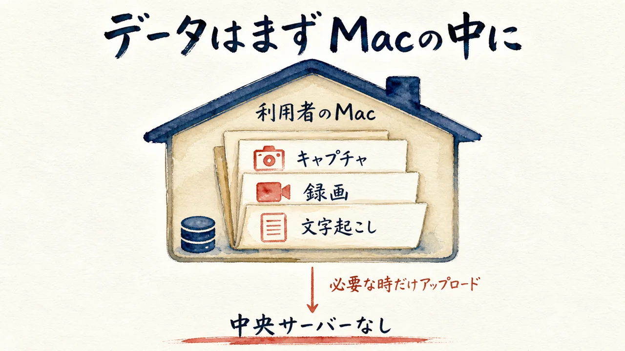 キャプチャ・録画・文字起こしがまずMacの中に残るローカルファースト設計の図解