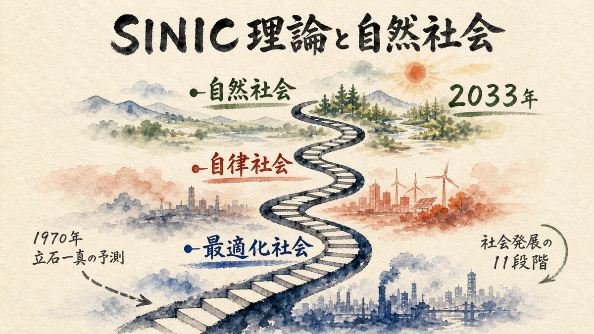 SINIC理論の社会発展11段階——最適化社会から自律社会、2033年の自然社会への螺旋図解