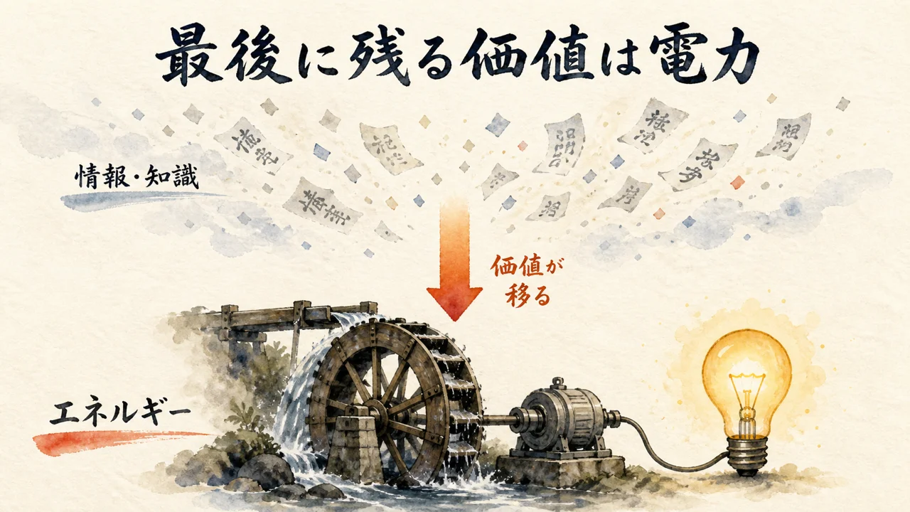 情報や知識が消えても水車と電球のエネルギーが最後に残る価値であることを示す図解