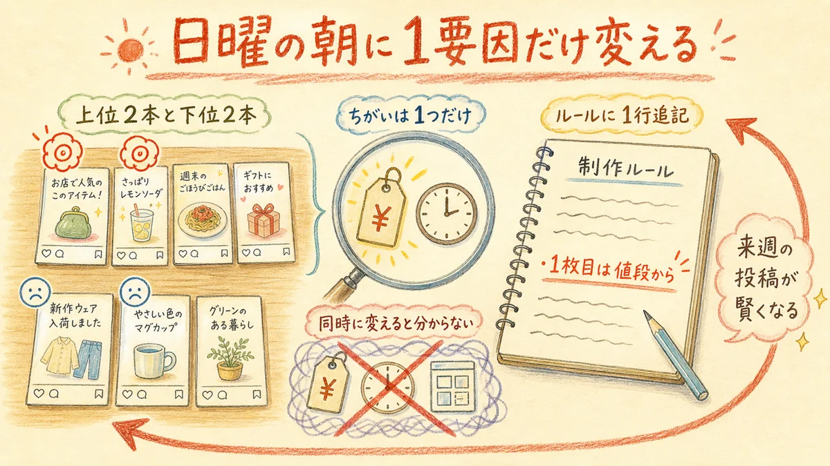 日曜の朝に1要因だけ変える週次改善の図解