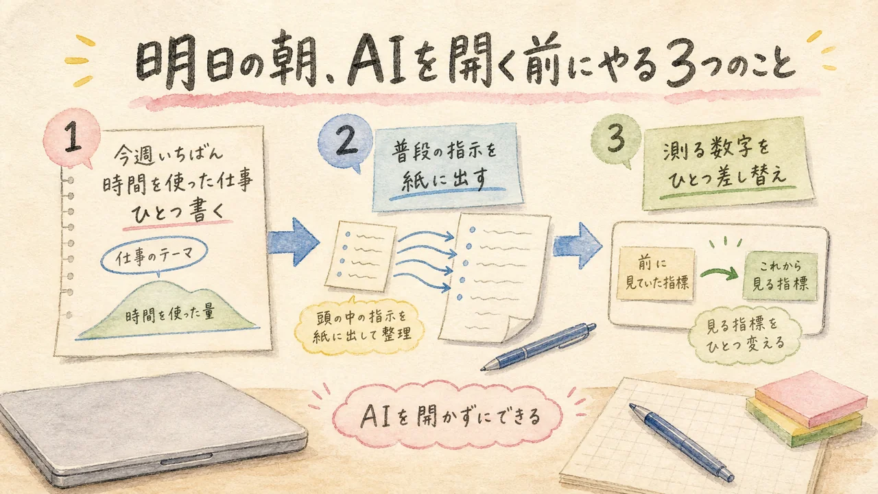 明日の朝AIを開く前にやる3つのステップの図解