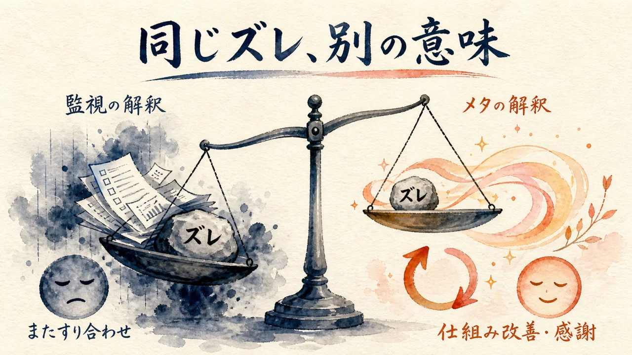 同じズレを見て、監視は負担にする。メタは感謝に変える 見出し図解
