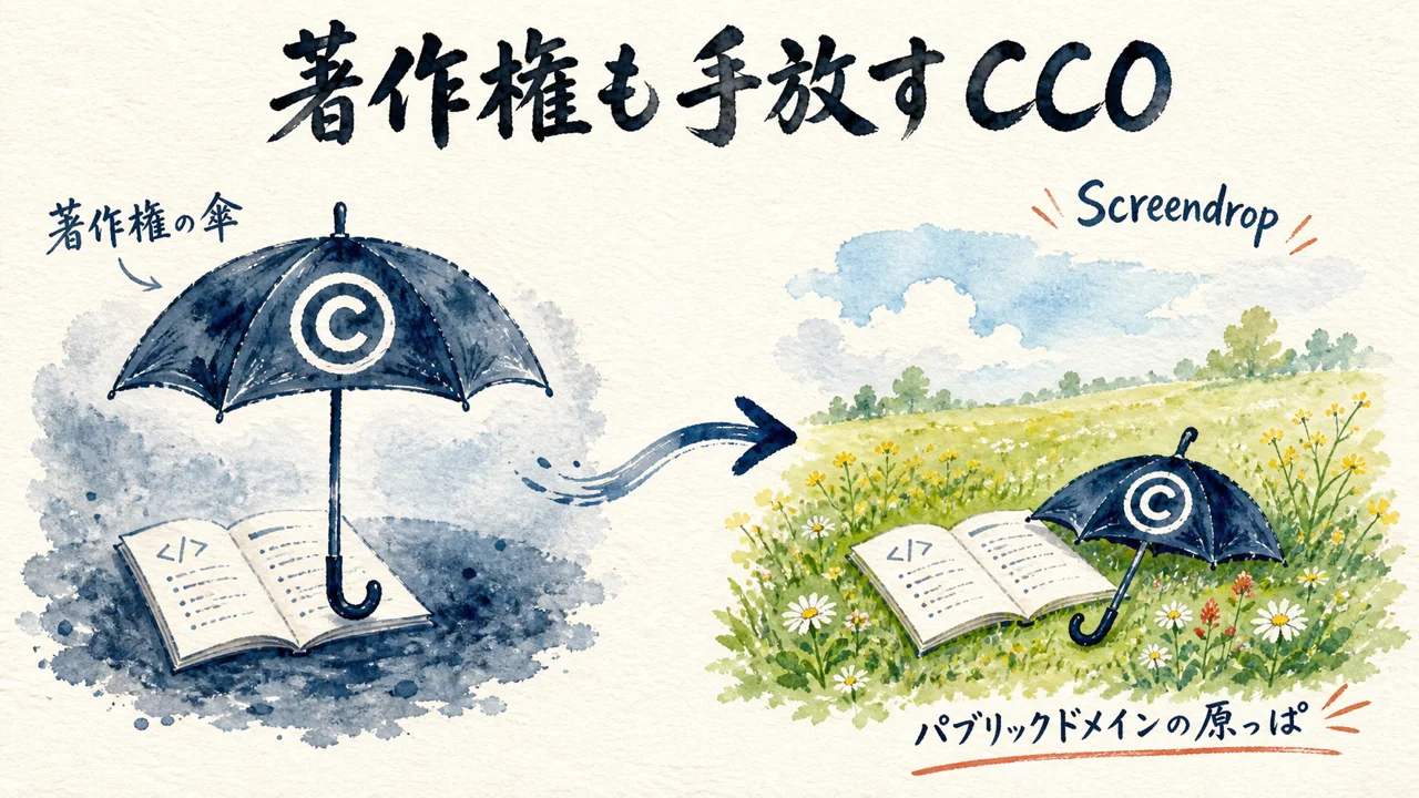 著作権の傘を手放しパブリックドメインへ差し出すCC0ライセンスの図解