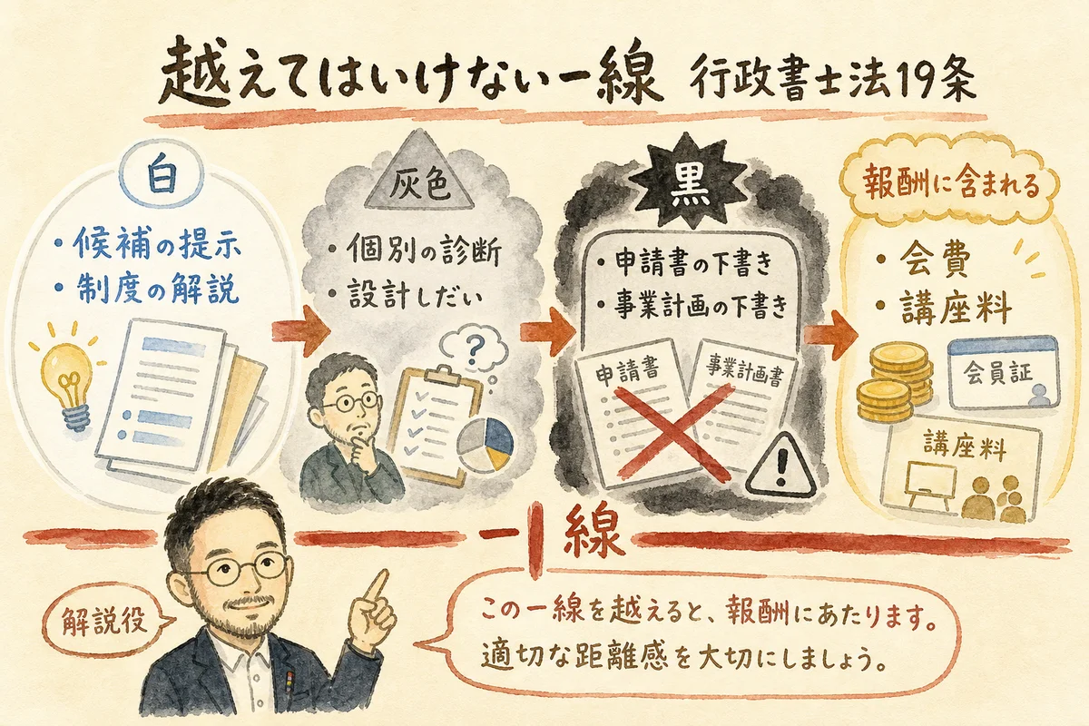 越えてはいけない一線：行政書士法19条の3段階の線引き図解