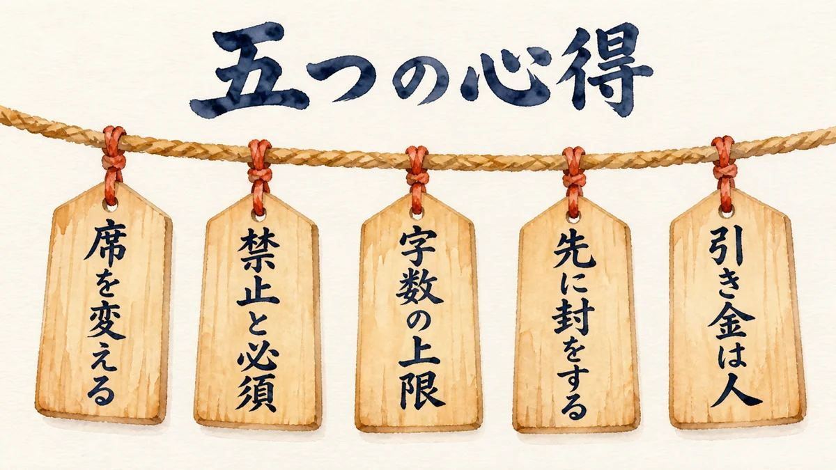 席を変える・禁止と必須・字数の上限・先に封をする・引き金は人、の5つの木札を並べた図解