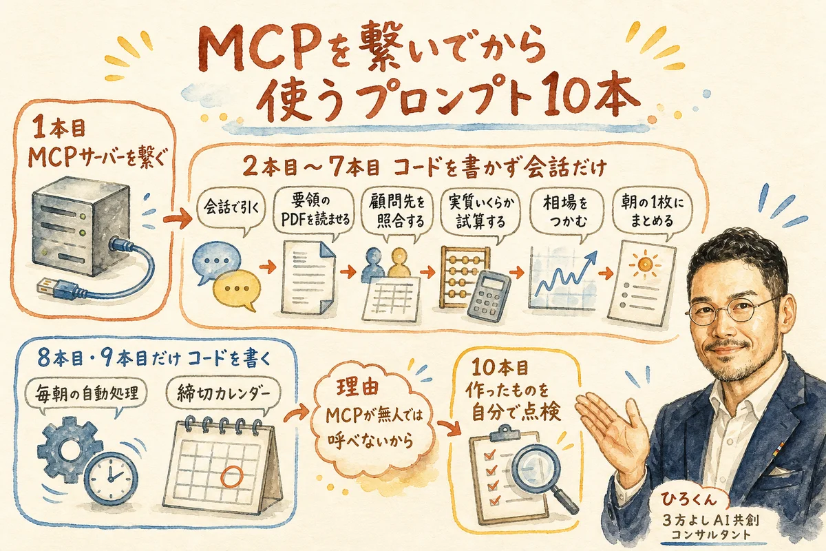 MCPを繋いでから使うプロンプト10本の全体像（1本目で繋ぐ・2〜7本目は会話だけ・8/9本目のみコード・10本目で自己点検）