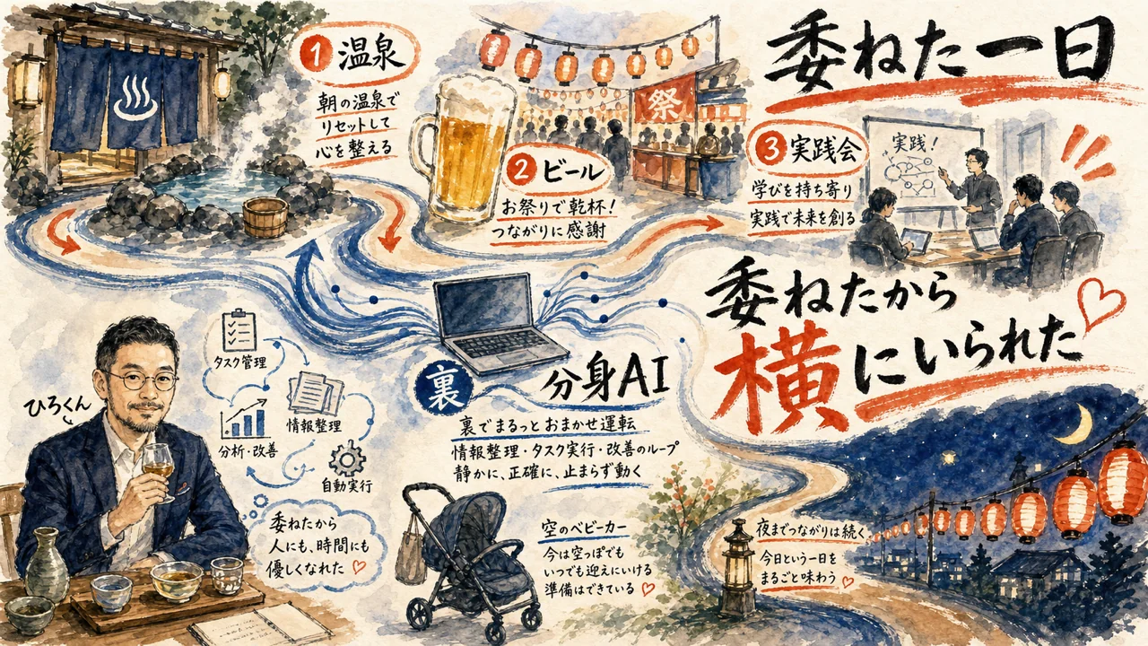 温泉、ビール、実践会。裏で分身AI