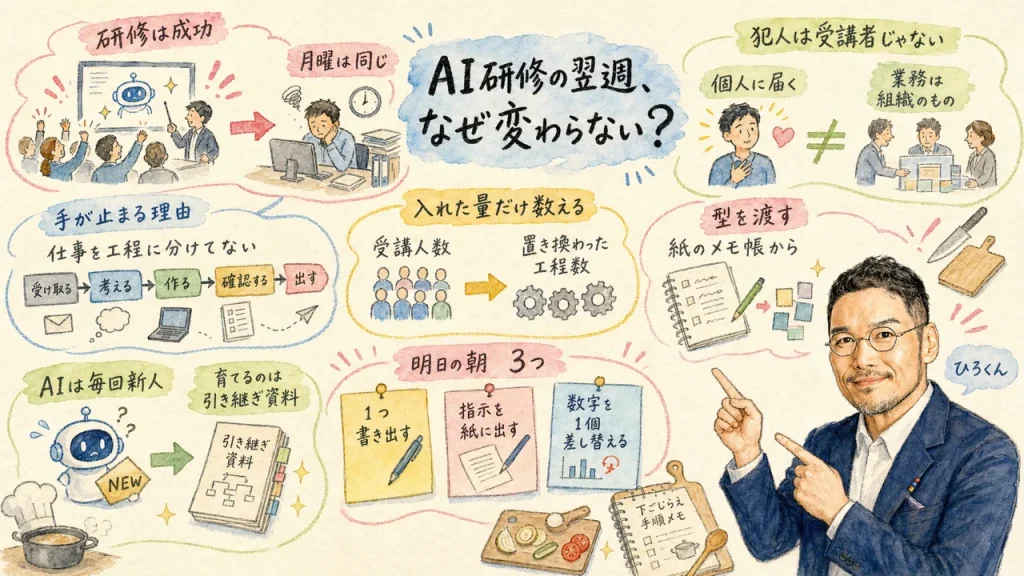 AI研修を受けた翌週なぜ現場は変わらないのかを1枚にまとめた全体図解