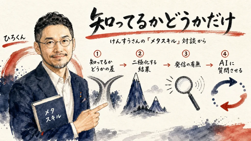 けんすうさんの『メタスキル』対談から、AI時代は知ってるかどうかだけで差がつくと読み解く全体図解