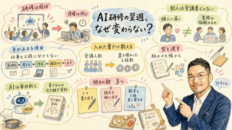AI研修を受けた翌週なぜ現場は変わらないのかを1枚にまとめた全体図解
