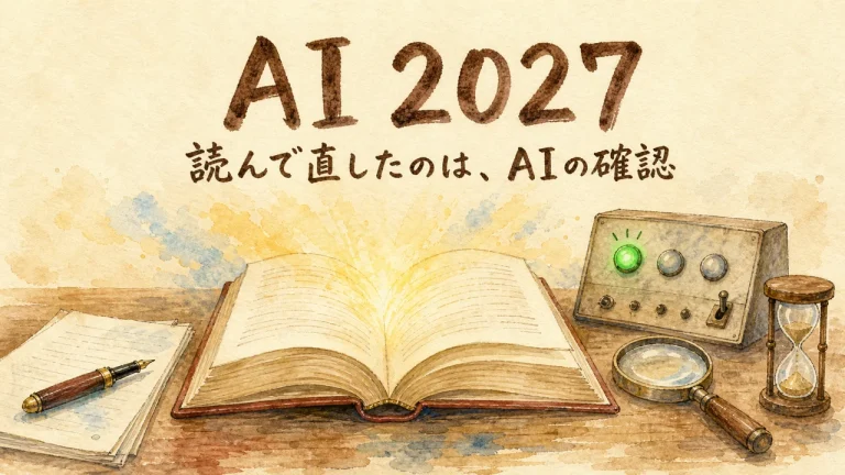 AI 2027を読んで直した「AIの確認」の話のアイキャッチ。開かれた洋書と、緑ランプが点いた計器盤と虫めがね