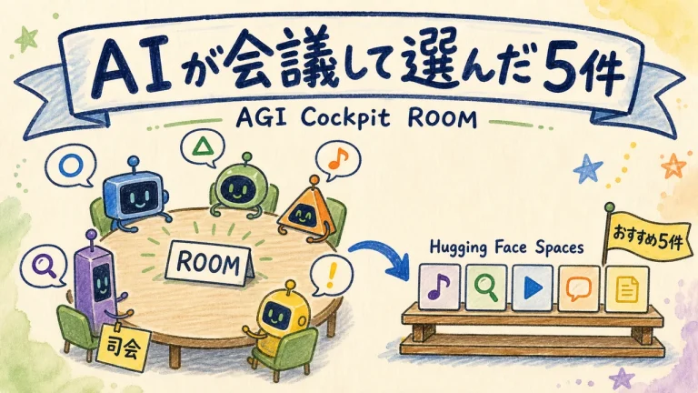 AGI CockpitのROOMでAIエージェント5体が円卓を囲んで会議し、HuggingFace Spacesのおすすめ5件を選んだ様子を描いた手描き風アイキャッチ