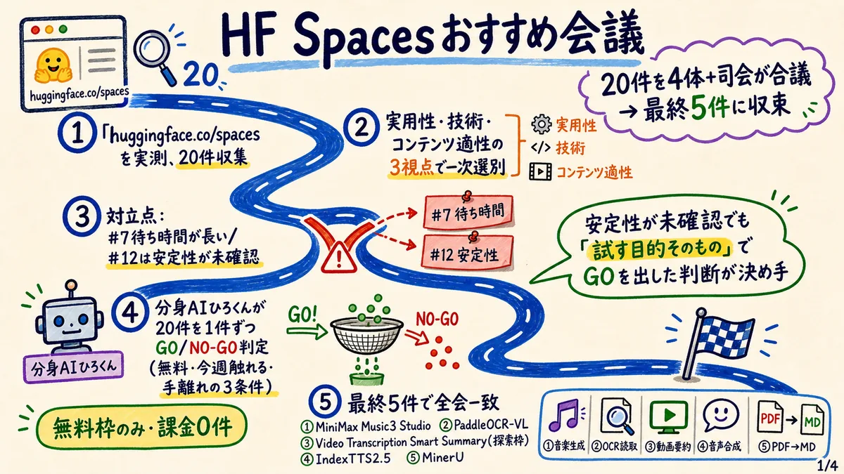 HF Spacesおすすめ会議の全体像。20件収集から4体+司会の合議で最終5件に収束するまでの流れ