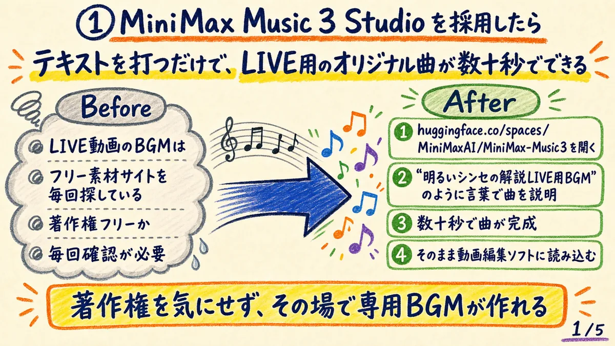 MiniMax Music 3 Studioを採用した場合のBefore→After。テキストを打つだけでLIVE用オリジナル曲が数十秒でできる