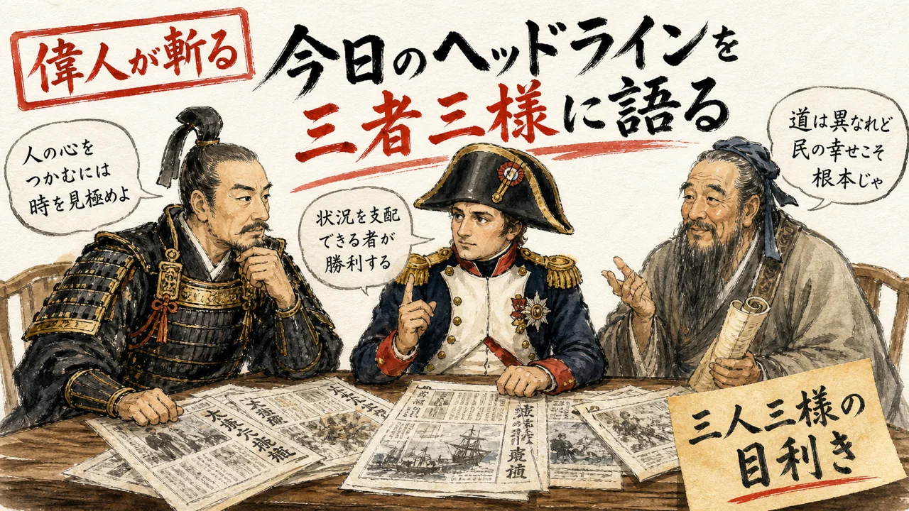 徳川家康・ナポレオン・孔子が今日のヘッドラインを議論するイメージ図解