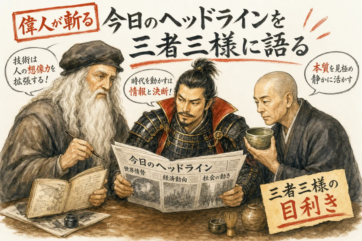 レオナルド・ダ・ヴィンチ・織田信長・千利休が今日のヘッドラインを議論するイメージ図解