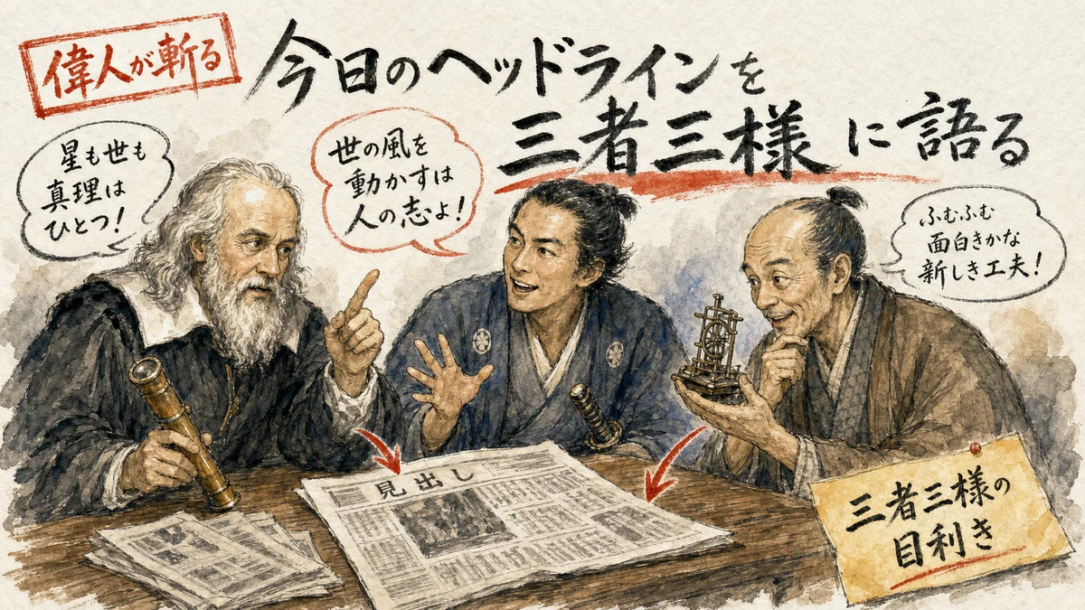 ガリレオ・坂本龍馬・平賀源内が今日のヘッドラインを議論するイメージ図解