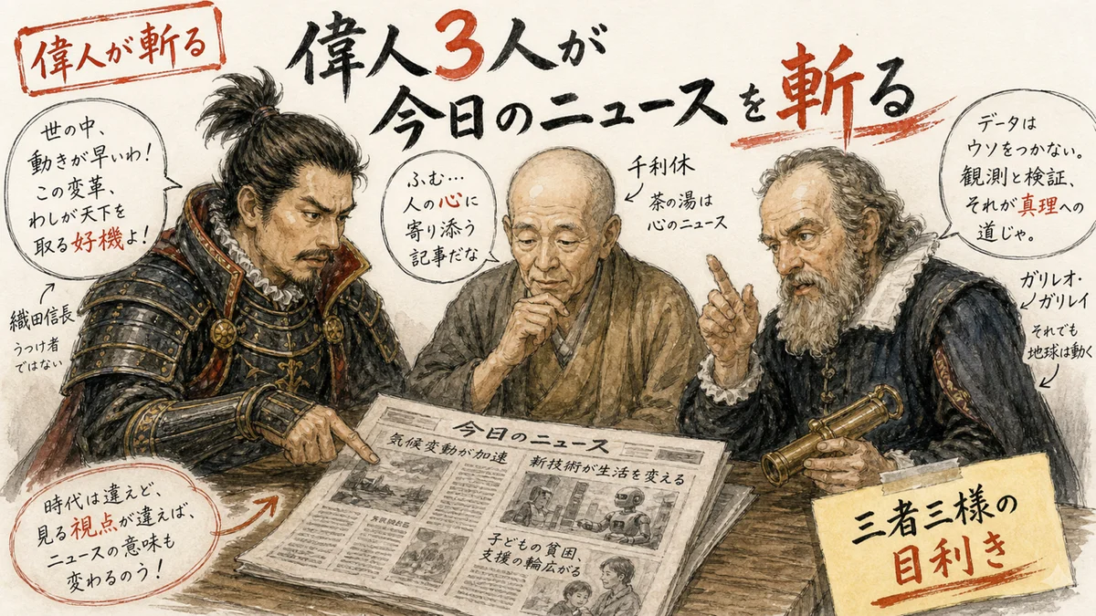織田信長・千利休・ガリレオが今日のヘッドラインを議論するイメージ図解