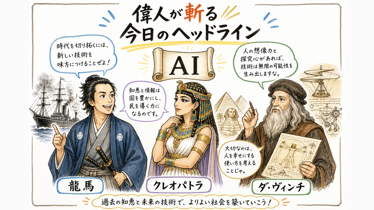 坂本龍馬・クレオパトラ・ダヴィンチが今日のAI動向を語るグラレコ