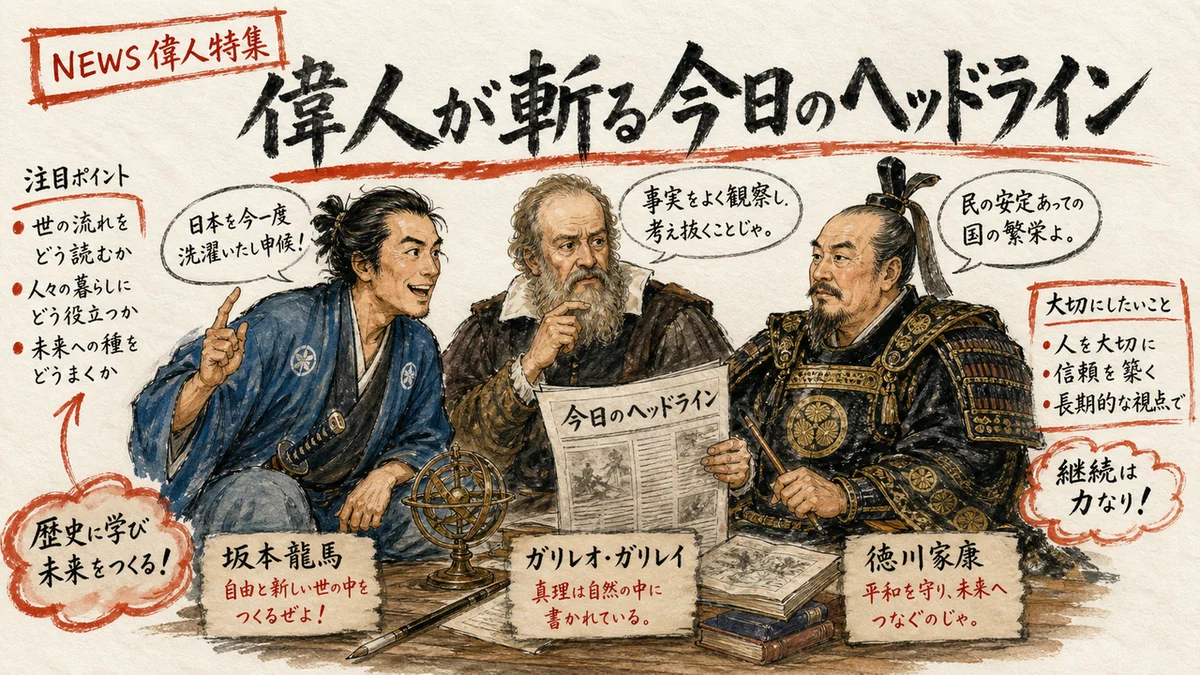 偉人3名が今日のヘッドラインを斬る図解