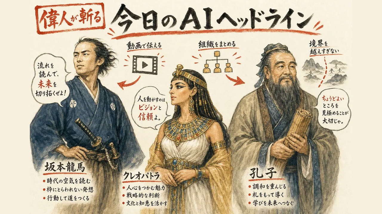 坂本龍馬・クレオパトラ・孔子が今日のAI動向を語るグラレコ