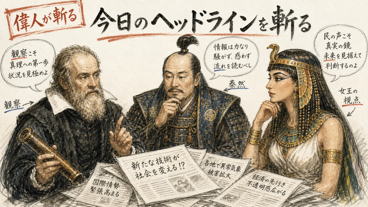 偉人3名が今日のヘッドラインを斬る図解