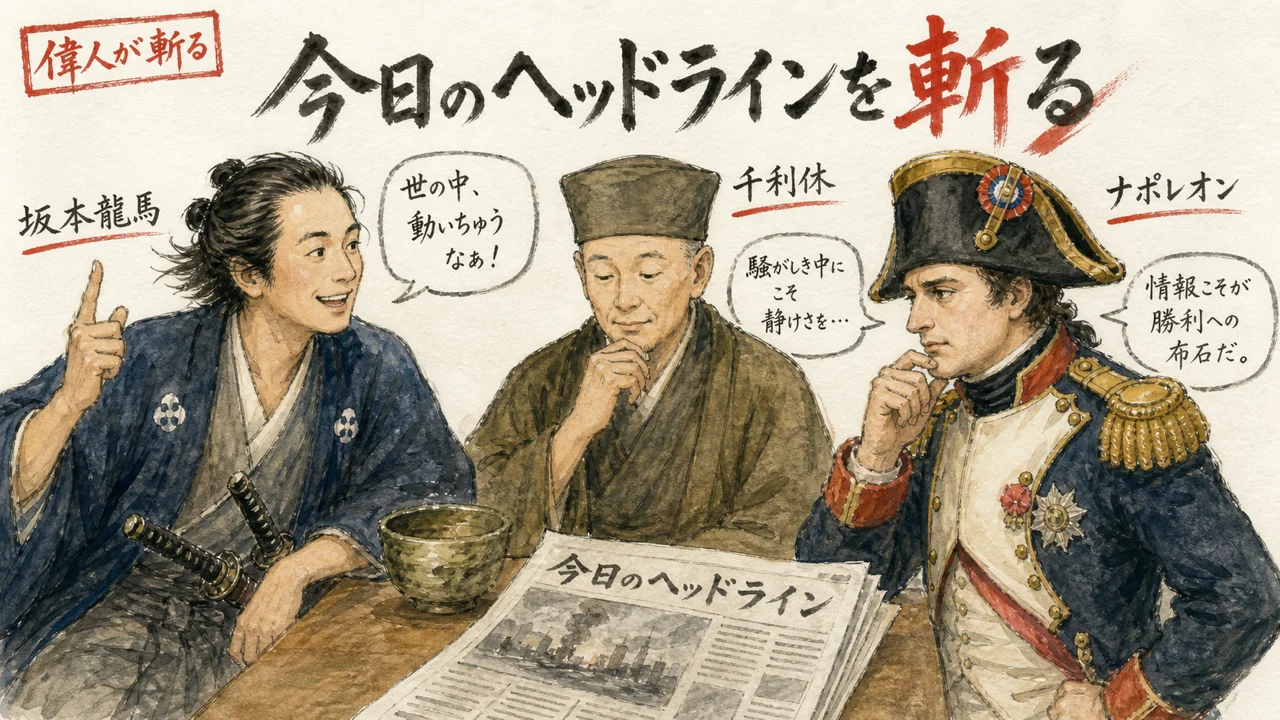 偉人3名が今日のヘッドラインを斬る図解