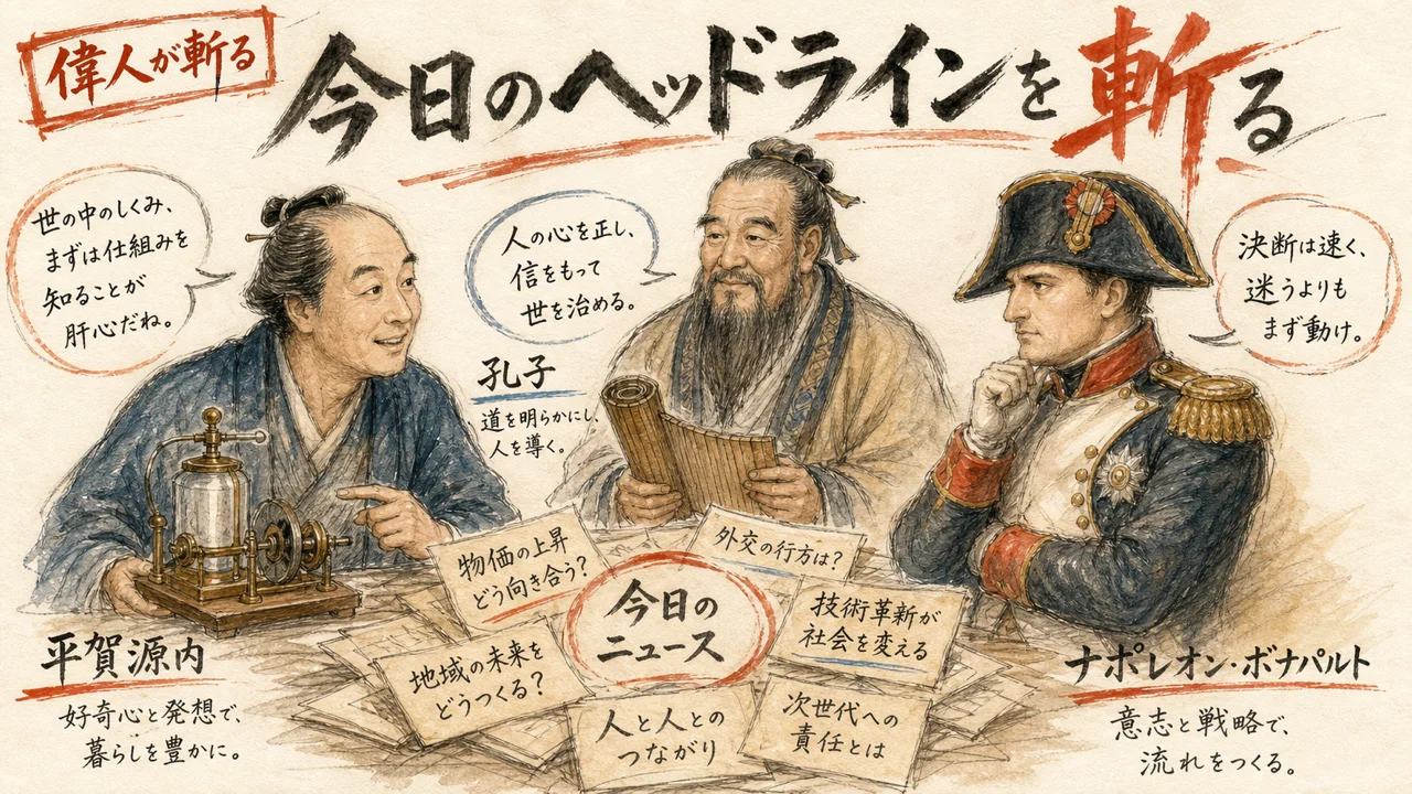 偉人3名が今日のヘッドラインを斬る図解