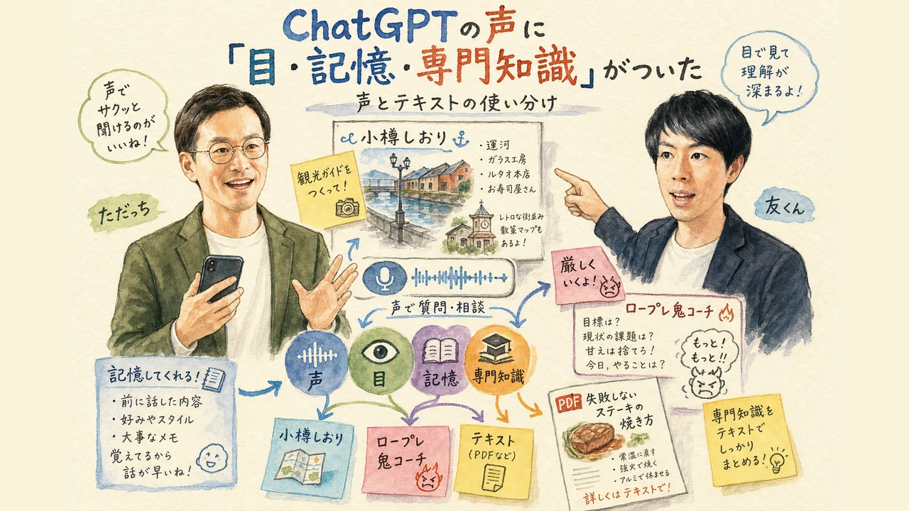 ChatGPTの声に目・記憶・専門知識がついた全体図解：ただっちと友くんが声とテキストの使い分けを解説